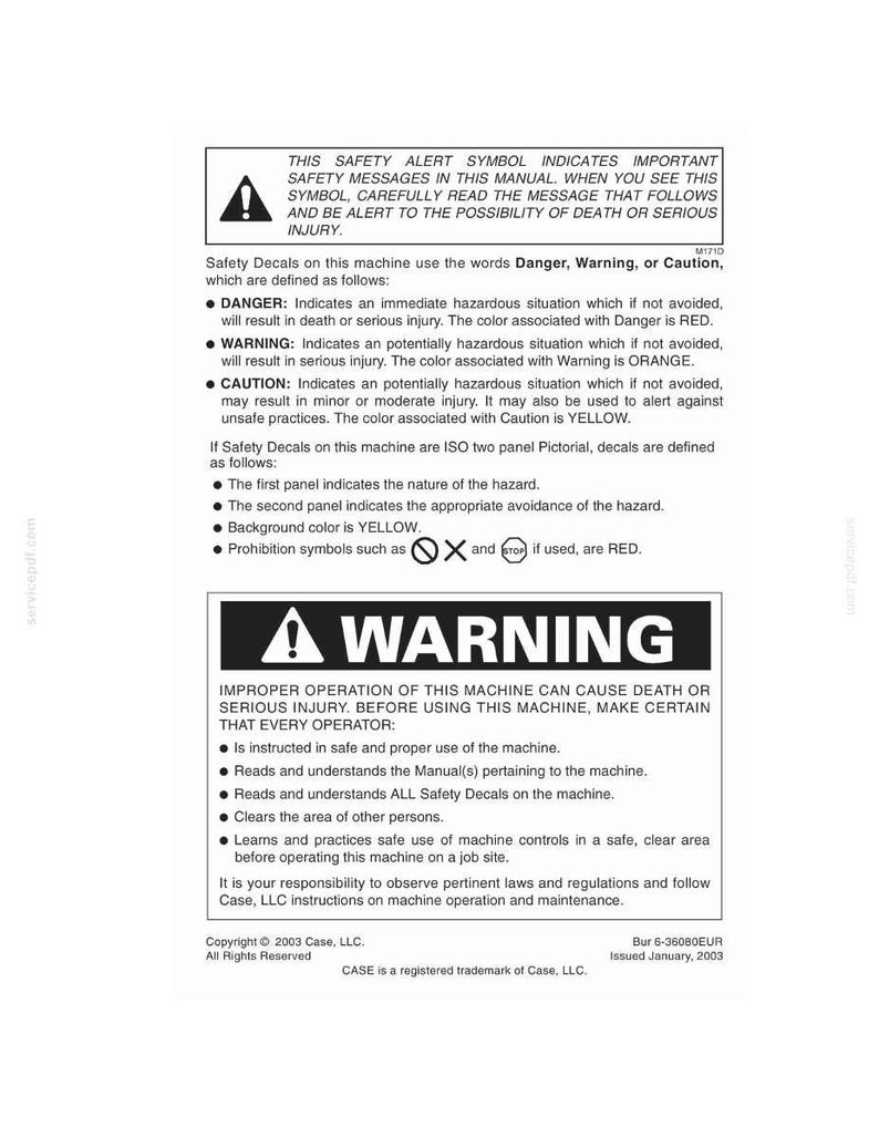 May include: A white document with black text detailing safety warnings and instructions for a machine. The document includes the words "Danger," "Warning," and "Caution," along with their associated colors and meanings. A warning symbol is prominently displayed.