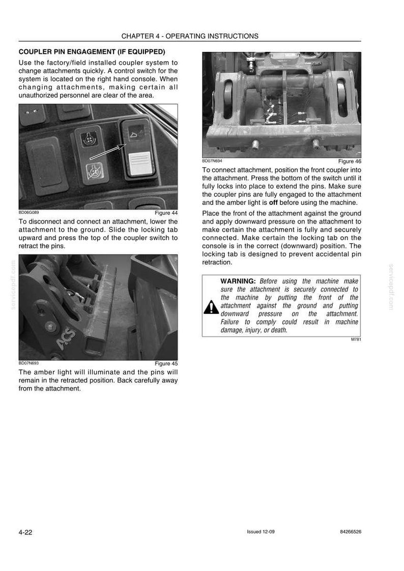 May include: An instructional diagram showing the operation of a coupler pin engagement system. The image includes close-ups of control switches, diagrams, and warnings about safe operation. The text explains how to connect and disconnect attachments.