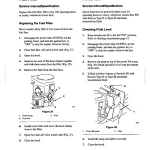 Pode incluir: Uma p&aacute;gina de manual t&eacute;cnico intitulada Manuten&ccedil;&atilde;o, com instru&ccedil;&otilde;es para o servi&ccedil;o do filtro de combust&iacute;vel e do elevador. Inclui passos numerados, diagramas rotulados como Figura 29 e Figura 30, e texto detalhando os procedimentos de servi&ccedil;o.