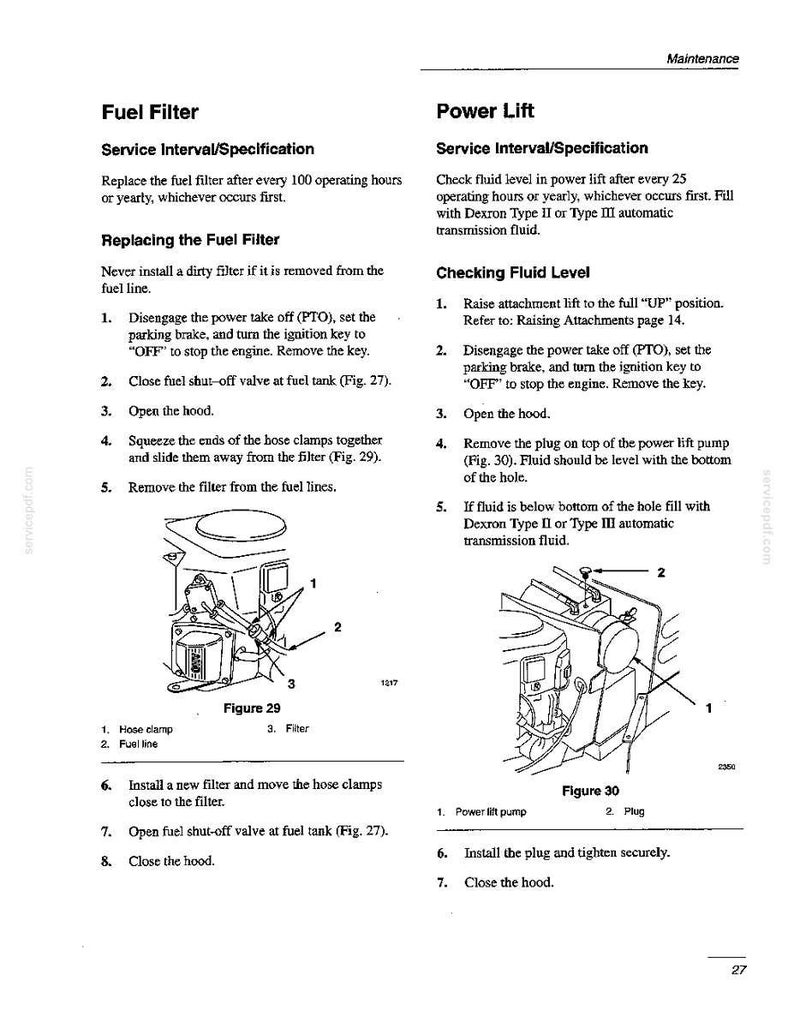 Pode incluir: Uma p&aacute;gina de manual t&eacute;cnico intitulada Manuten&ccedil;&atilde;o, com instru&ccedil;&otilde;es para o servi&ccedil;o do filtro de combust&iacute;vel e do elevador. Inclui passos numerados, diagramas rotulados como Figura 29 e Figura 30, e texto detalhando os procedimentos de servi&ccedil;o.