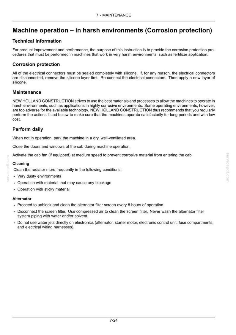May include: A technical document page titled 7-MAINTENANCE, Machine operation - in harsh environments (Corrosion protection). It provides instructions for sealing electrical connectors with silicone, daily machine care, and cleaning procedures.