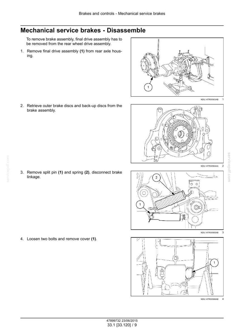 May include: Diagram illustrating the disassembly of mechanical service brakes. The image shows steps including removing the final drive assembly, retrieving brake discs, removing split pins and springs, and loosening bolts to remove the cover. Text instructions are included.