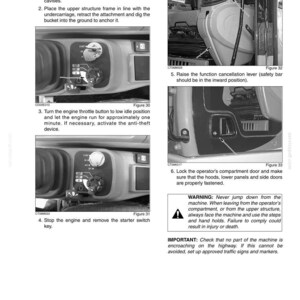 May include: A grayscale image from an operating manual showing instructions for parking a machine. The image includes close-ups of control panels, levers, and a warning about safely exiting the machine. Text includes instructions and safety warnings.