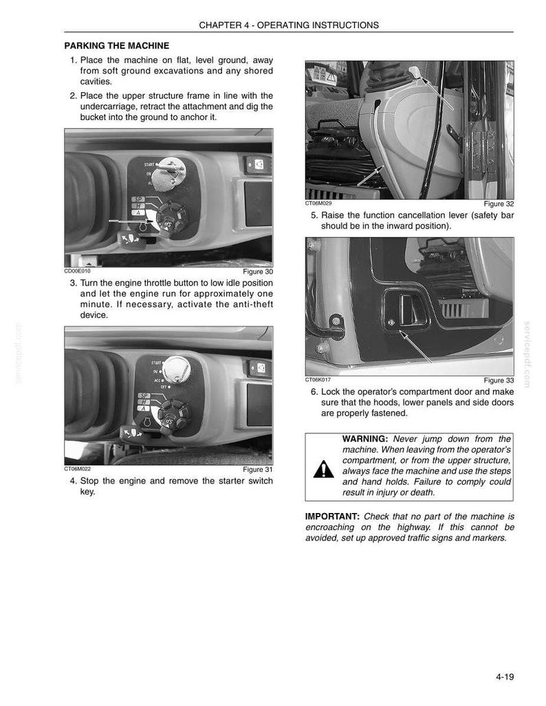 May include: A grayscale image from an operating manual showing instructions for parking a machine. The image includes close-ups of control panels, levers, and a warning about safely exiting the machine. Text includes instructions and safety warnings.