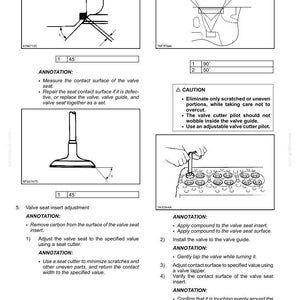 May include: Diagrams and instructions for cylinder head removal and installation. Includes illustrations of valve seat measurement, valve seat adjustment, and valve lapping. Text includes annotations and cautions for the process.
