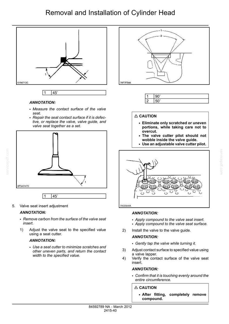 May include: Diagrams and instructions for cylinder head removal and installation. Includes illustrations of valve seat measurement, valve seat adjustment, and valve lapping. Text includes annotations and cautions for the process.