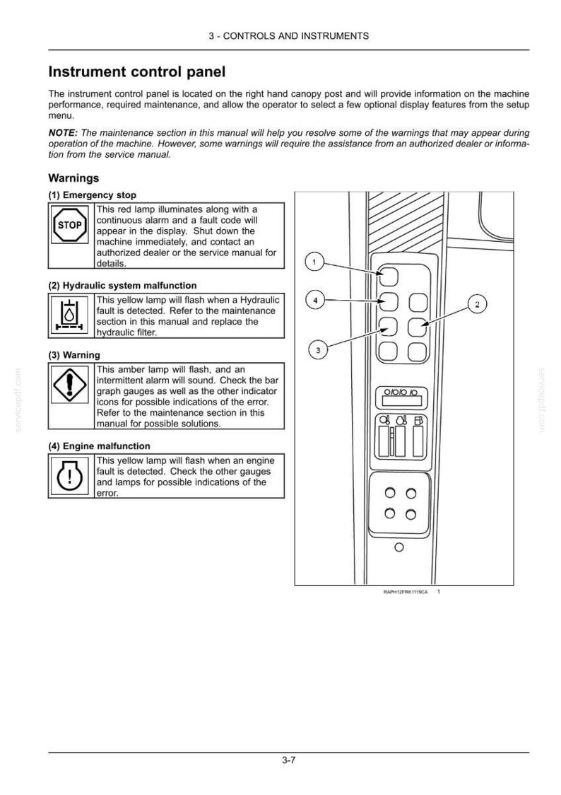 May include: An instrument control panel diagram with numbered buttons and warning indicators. The panel includes sections for emergency stop, hydraulic system malfunction, warning, and engine malfunction. The text includes instructions for the operator.