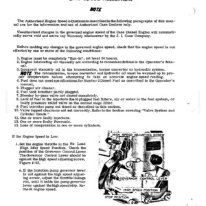 May include: A page from a manual titled "Engine Speed Adjustment" with text and a diagram of engine components. The diagram shows a governor control lever and high-speed adjusting screw. The text provides instructions for authorized Case Dealers.