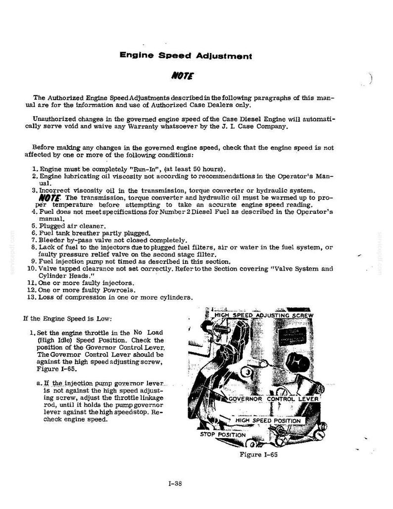 May include: A page from a manual titled "Engine Speed Adjustment" with text and a diagram of engine components. The diagram shows a governor control lever and high-speed adjusting screw. The text provides instructions for authorized Case Dealers.