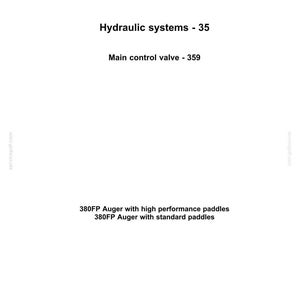 May include: A white document with the New Holland Agriculture logo at the top. Text includes "Hydraulic systems - 35", "Main control valve - 359", and descriptions of augers with high-performance and standard paddles.