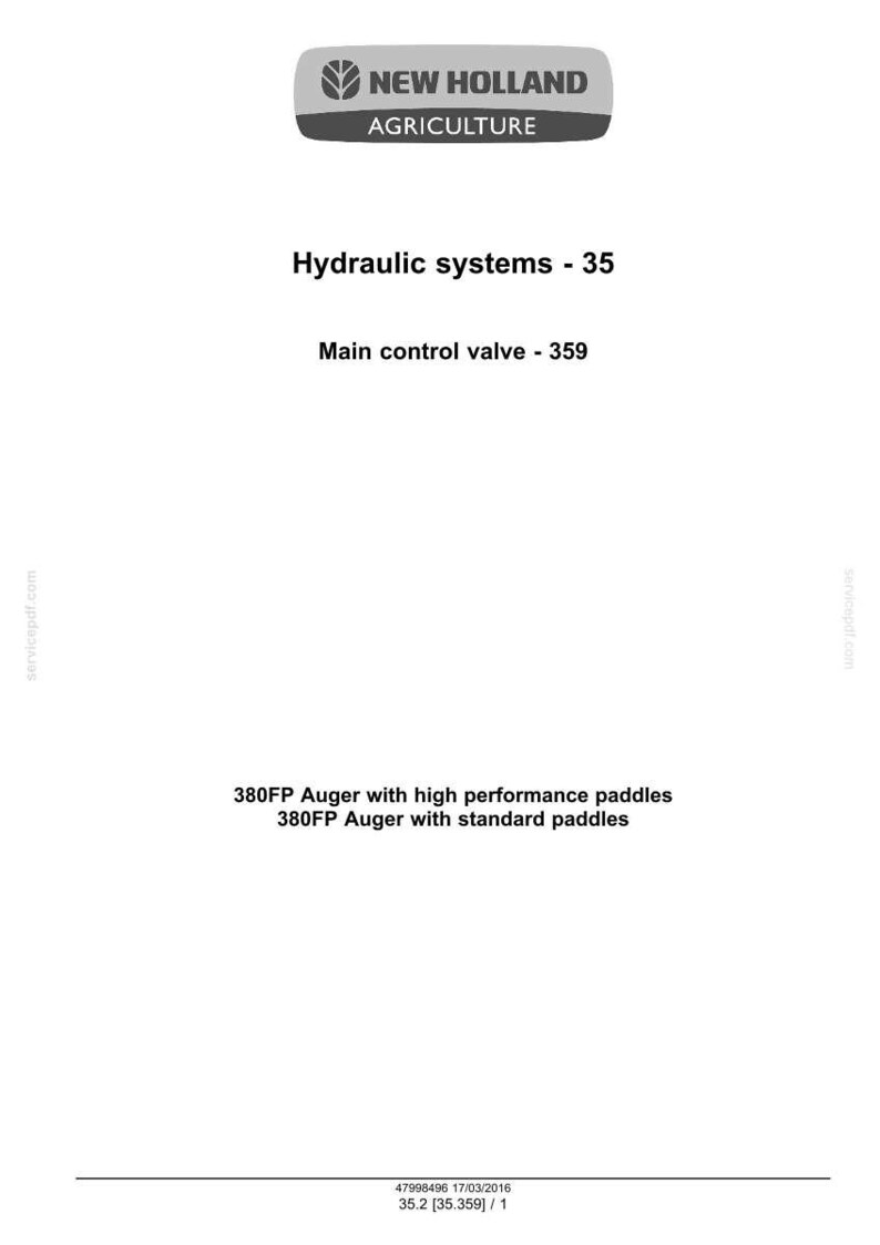 May include: A white document with the New Holland Agriculture logo at the top. Text includes "Hydraulic systems - 35", "Main control valve - 359", and descriptions of augers with high-performance and standard paddles.
