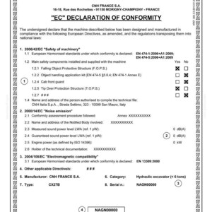 May include: A document titled "EC Declaration of Conformity" from CASE Construction, detailing specifications for a CX27B hydraulic excavator. Includes technical data, safety standards, and noise emission levels. The document is A4 format.