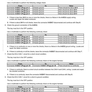 May include: A diagnostic document detailing electrical system fault codes, including voltage and continuity checks for the A-ECU. Instructions are provided for using a multimeter to test various connector pins.