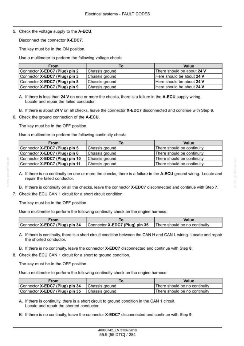 May include: A diagnostic document detailing electrical system fault codes, including voltage and continuity checks for the A-ECU. Instructions are provided for using a multimeter to test various connector pins.