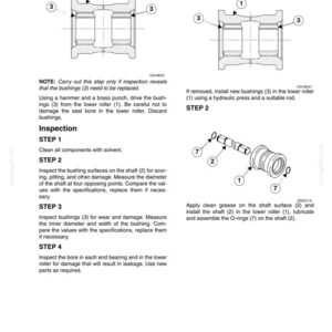 May include: Technical diagram with assembly instructions. Step-by-step guide with labeled parts: bushings, lower roller, shaft, and O-rings. Includes notes on inspection and replacement procedures. Text includes "Inspection" and "Assembly".