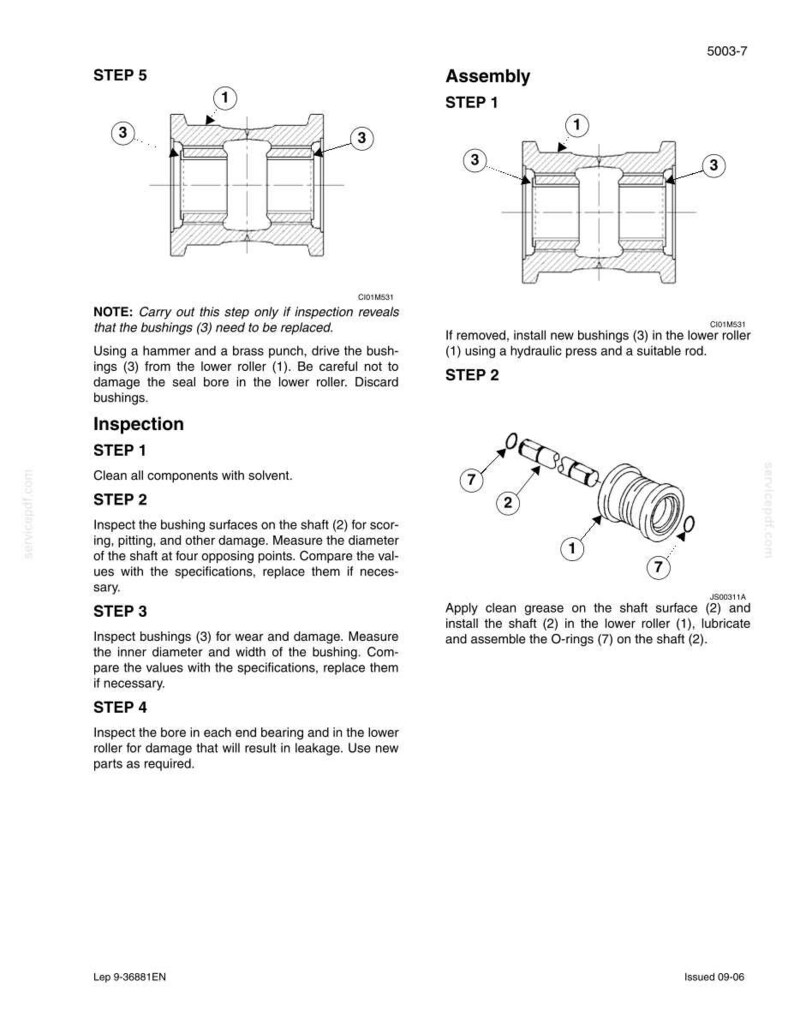 May include: Technical diagram with assembly instructions. Step-by-step guide with labeled parts: bushings, lower roller, shaft, and O-rings. Includes notes on inspection and replacement procedures. Text includes "Inspection" and "Assembly".