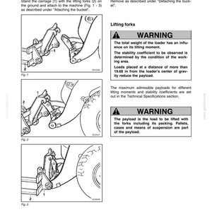 May include: An operator's manual page for a 321D carriage with lifting forks. The page includes diagrams for attaching and removing the carriage, along with warning notices about weight and payload. The diagrams show the carriage and forks.