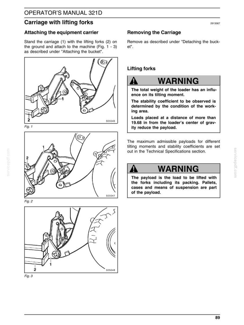 May include: An operator's manual page for a 321D carriage with lifting forks. The page includes diagrams for attaching and removing the carriage, along with warning notices about weight and payload. The diagrams show the carriage and forks.