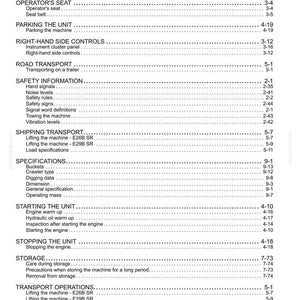 May include: A black and white table of contents page from a technical manual, featuring headings such as Operator's Seat, Parking the Unit, Right-Hand Side Controls, Road Transport, Safety Information, Shipping Transport, Specifications, and Storage.