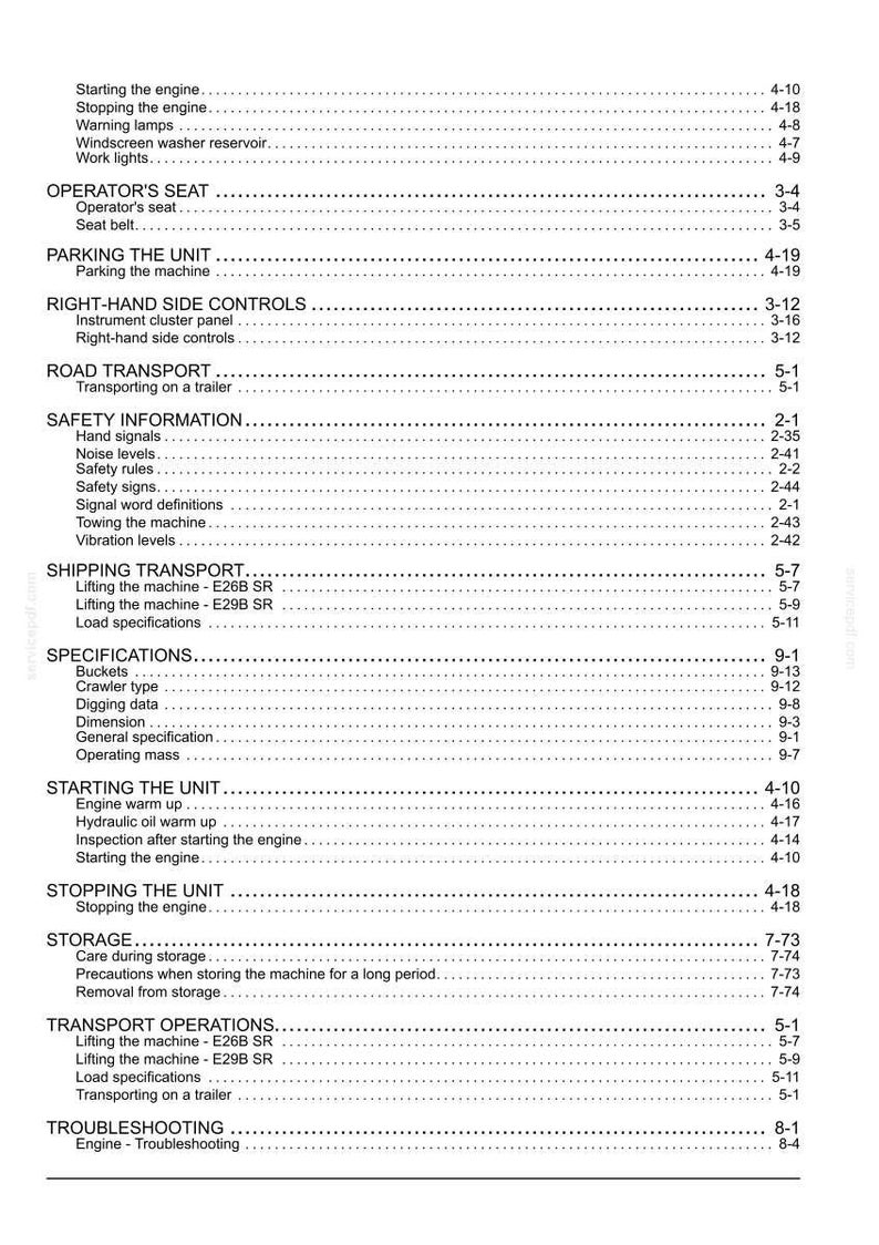 May include: A black and white table of contents page from a technical manual, featuring headings such as Operator's Seat, Parking the Unit, Right-Hand Side Controls, Road Transport, Safety Information, Shipping Transport, Specifications, and Storage.