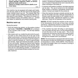 May include: A page from an operating manual with instructions for cold temperature starting aids. The text includes warnings about explosion hazards and detailed steps for warming up a machine, including engine and brake procedures.