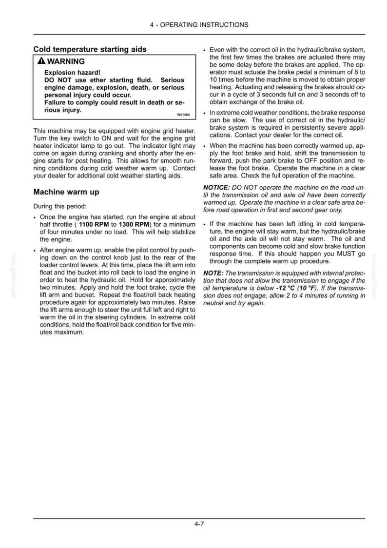 May include: A page from an operating manual with instructions for cold temperature starting aids. The text includes warnings about explosion hazards and detailed steps for warming up a machine, including engine and brake procedures.