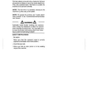 May include: A white page with black text detailing loader attachment operating instructions, safety instructions, and warnings. The text includes information on operating the machine correctly and safety precautions. The page is from a manual.