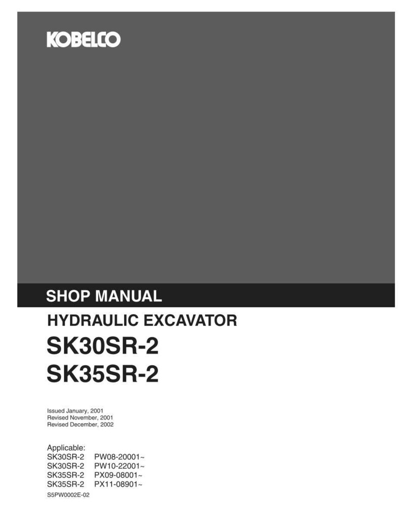 May include: A gray and white Kobelco shop manual for a hydraulic excavator, models SK30SR-2 and SK35SR-2. The cover includes text detailing the issue date of January 2001, revision dates of November 2001 and December 2002, and applicable serial numbers.
