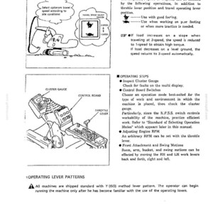 May include: A technical manual page featuring black and white line drawings of an excavator, a travel speed select switch, and a control board with a throttle lever. Text includes instructions for selecting travel speeds and operating steps.