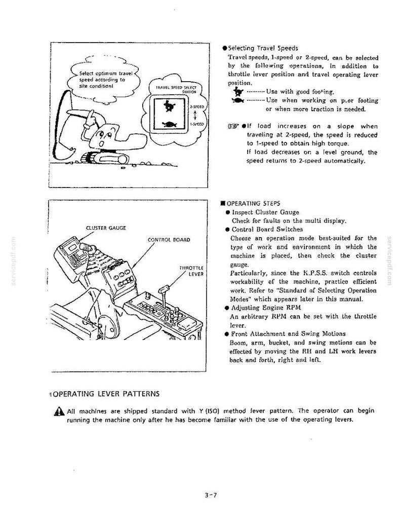 May include: A technical manual page featuring black and white line drawings of an excavator, a travel speed select switch, and a control board with a throttle lever. Text includes instructions for selecting travel speeds and operating steps.