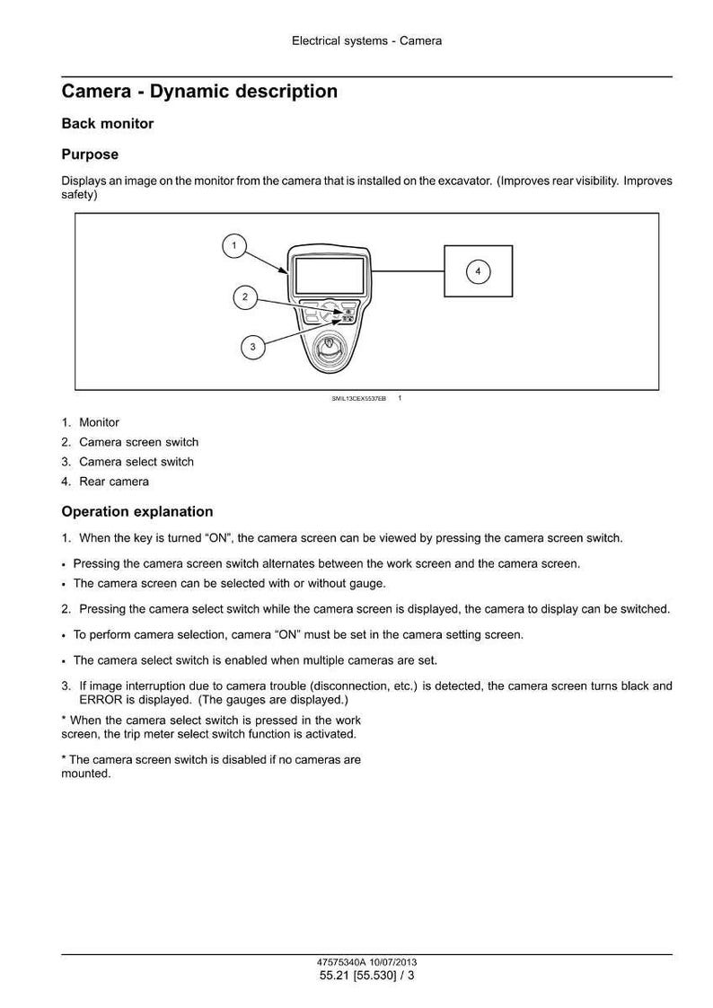 Puede incluir: Diagrama de un sistema de c&aacute;mara con un monitor, un interruptor de pantalla de c&aacute;mara y un interruptor de selecci&oacute;n de c&aacute;mara. El texto explica la descripci&oacute;n din&aacute;mica, el monitor trasero y el prop&oacute;sito del sistema.