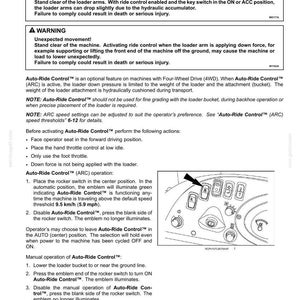May include: A page from an operating manual with warnings and instructions for Auto-Ride Control (ARC) on a four-wheel drive machine. The manual details safety precautions and operational steps, including rocker switch use and speed thresholds.