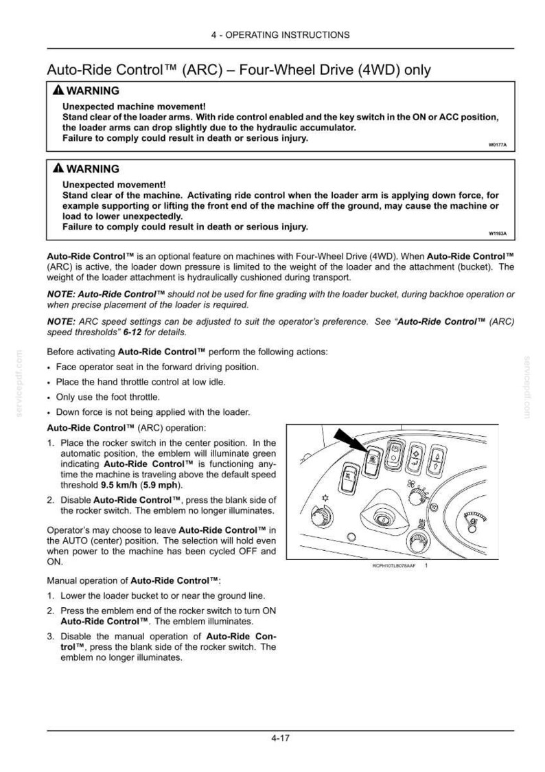 May include: A page from an operating manual with warnings and instructions for Auto-Ride Control (ARC) on a four-wheel drive machine. The manual details safety precautions and operational steps, including rocker switch use and speed thresholds.