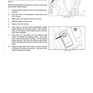 May include: Diagram of a hydraulic control transmission system with Forward-Neutral-Reverse (FNR) operation instructions. Includes illustrations of control levers and switches, with arrows indicating their functions. Text explains the steps for operation.