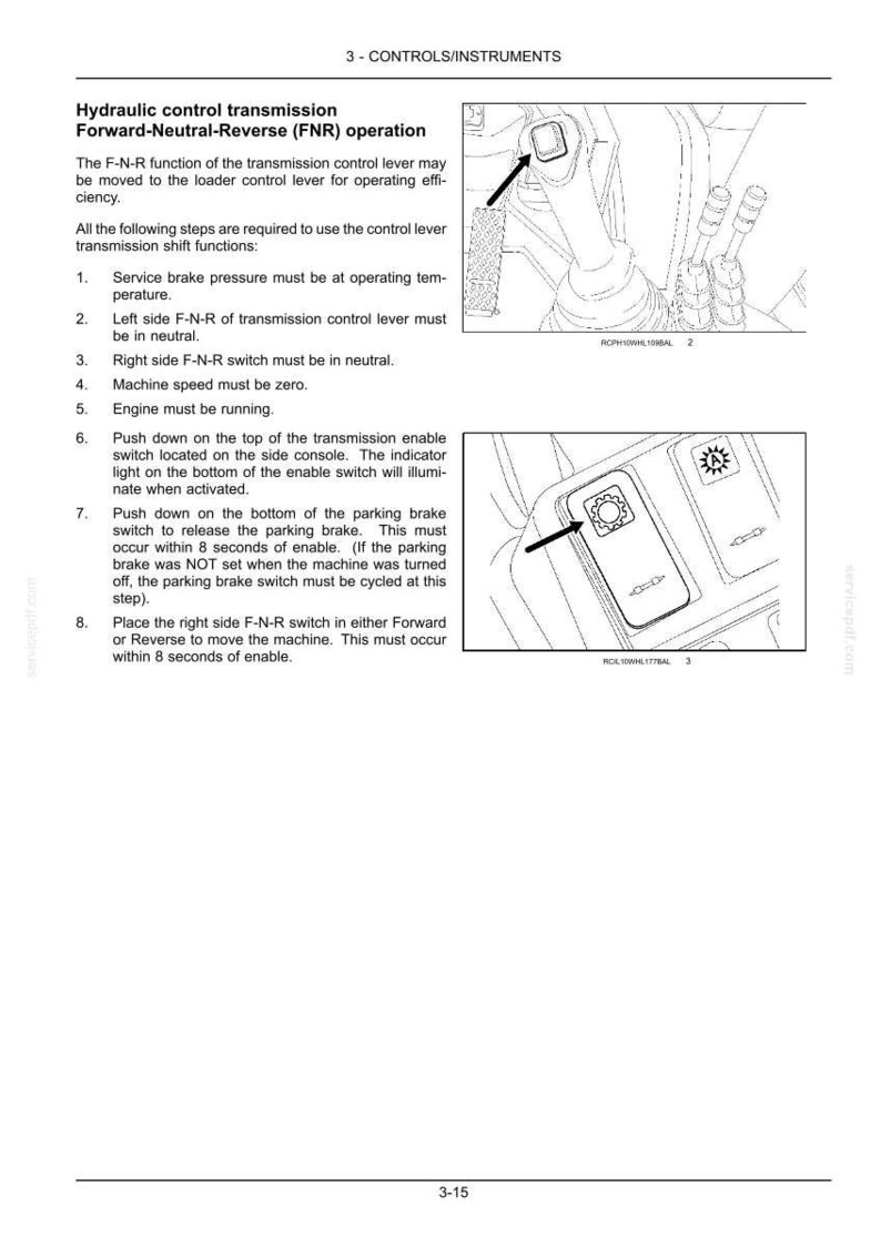 May include: Diagram of a hydraulic control transmission system with Forward-Neutral-Reverse (FNR) operation instructions. Includes illustrations of control levers and switches, with arrows indicating their functions. Text explains the steps for operation.