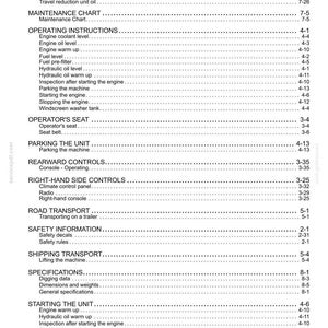 May include: A black and white table of contents page from a technical manual, featuring headings such as Maintenance Chart, Operating Instructions, Operator's Seat, Parking the Unit, Rearward Controls, Right-Hand Side Controls, Road Transport, and Safety.