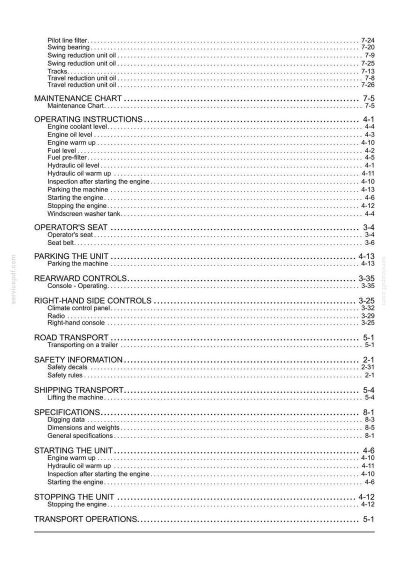 May include: A black and white table of contents page from a technical manual, featuring headings such as Maintenance Chart, Operating Instructions, Operator's Seat, Parking the Unit, Rearward Controls, Right-Hand Side Controls, Road Transport, and Safety.