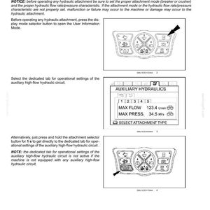 May include: Page from a manual showing operational settings for auxiliary hydraulics. Includes diagrams of control panels with buttons and a display showing settings like Max Flow at 123.4 L/min and Max Press at 34.5 MPa. Text explains the settings.