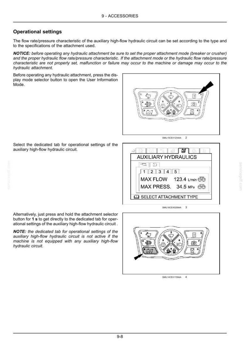 May include: Page from a manual showing operational settings for auxiliary hydraulics. Includes diagrams of control panels with buttons and a display showing settings like Max Flow at 123.4 L/min and Max Press at 34.5 MPa. Text explains the settings.