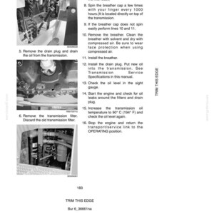 May include: A page from a manual detailing lubrication, filters, and fluids. The image shows diagrams and instructions for removing and installing parts, including the filler tube plug, drain plug, and transmission filter. Text includes steps and warnings.