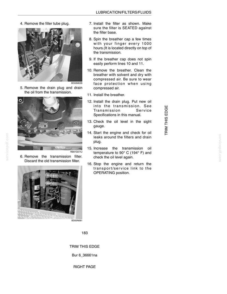 May include: A page from a manual detailing lubrication, filters, and fluids. The image shows diagrams and instructions for removing and installing parts, including the filler tube plug, drain plug, and transmission filter. Text includes steps and warnings.