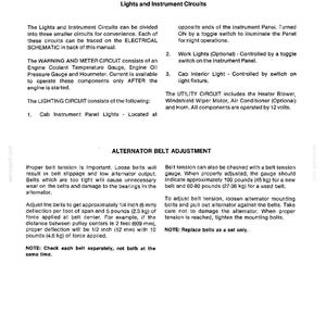 Puede incluir: P&aacute;gina de un manual que detalla los componentes del sistema el&eacute;ctrico, incluyendo luces, circuitos de instrumentos y ajuste de la correa del alternador. Texto y diagramas en negro sobre fondo blanco. Medidas en mm y kg.