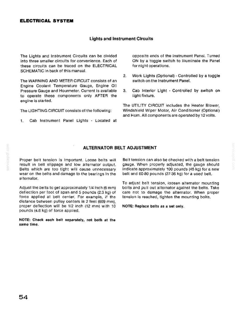 Puede incluir: P&aacute;gina de un manual que detalla los componentes del sistema el&eacute;ctrico, incluyendo luces, circuitos de instrumentos y ajuste de la correa del alternador. Texto y diagramas en negro sobre fondo blanco. Medidas en mm y kg.