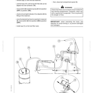 May include: Diagram of a fuel system with labeled components, including a fuel reservoir, hose, switch, and filter. Instructions detail the process of filling the reservoir using an electric fuel transfer pump. Safety warnings are also included.