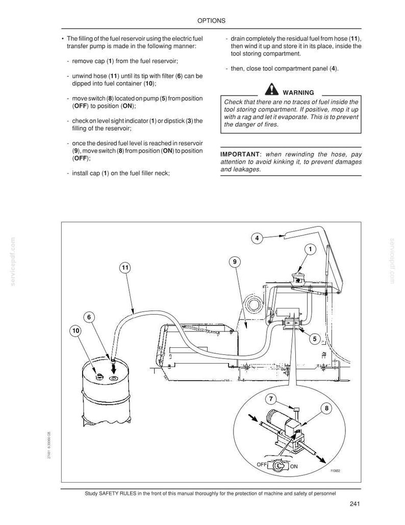 May include: Diagram of a fuel system with labeled components, including a fuel reservoir, hose, switch, and filter. Instructions detail the process of filling the reservoir using an electric fuel transfer pump. Safety warnings are also included.