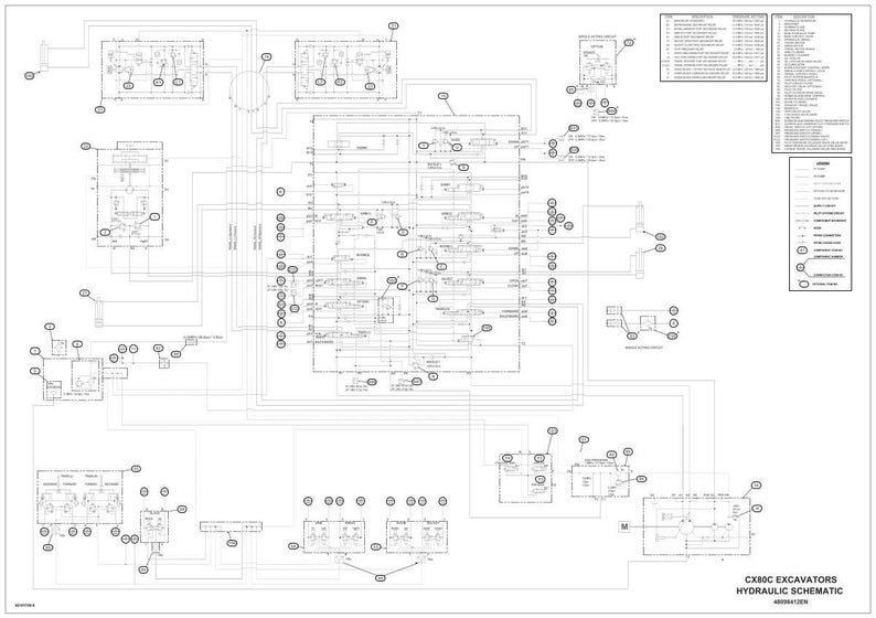 May include: A detailed black and white hydraulic schematic diagram for CX80C excavators. The diagram includes numerous interconnected components, lines, and labels, providing a technical overview of the machinery's hydraulic system. The text "CX80C EXCAVATORS HYDRAULIC SCHEMATIC" is visible.
