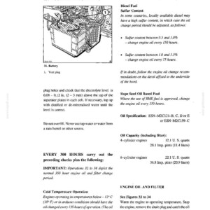 May include: A technical manual page titled ROUTINE LUBRICATION AND MAINTENANCE featuring a black and white line drawing of a battery with a vent plug. The text provides instructions for 150 and 300 hour service intervals, oil specifications, and capacities.