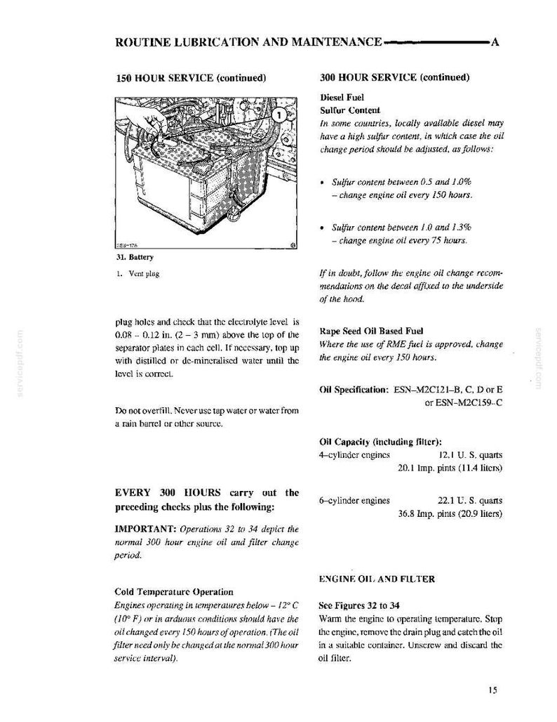 May include: A technical manual page titled ROUTINE LUBRICATION AND MAINTENANCE featuring a black and white line drawing of a battery with a vent plug. The text provides instructions for 150 and 300 hour service intervals, oil specifications, and capacities.