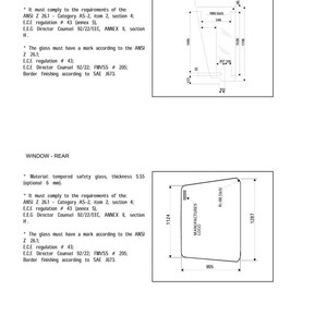 May include: Technical diagrams of tempered safety glass windows for a cab door and rear window. The diagrams include dimensions in millimeters, specifications, and text detailing compliance with safety regulations. The cab door window is 1495 mm high.