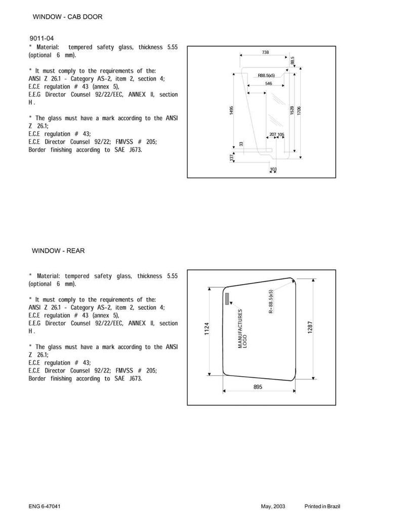 May include: Technical diagrams of tempered safety glass windows for a cab door and rear window. The diagrams include dimensions in millimeters, specifications, and text detailing compliance with safety regulations. The cab door window is 1495 mm high.